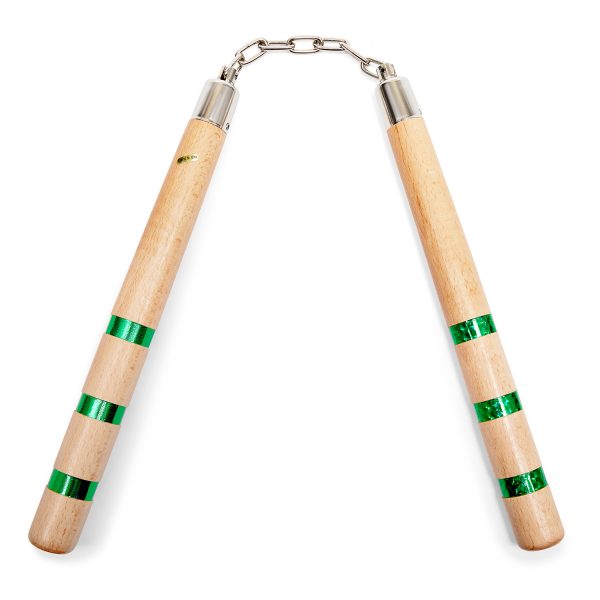 Deluxe White Oak Nunchucks With Green Grips